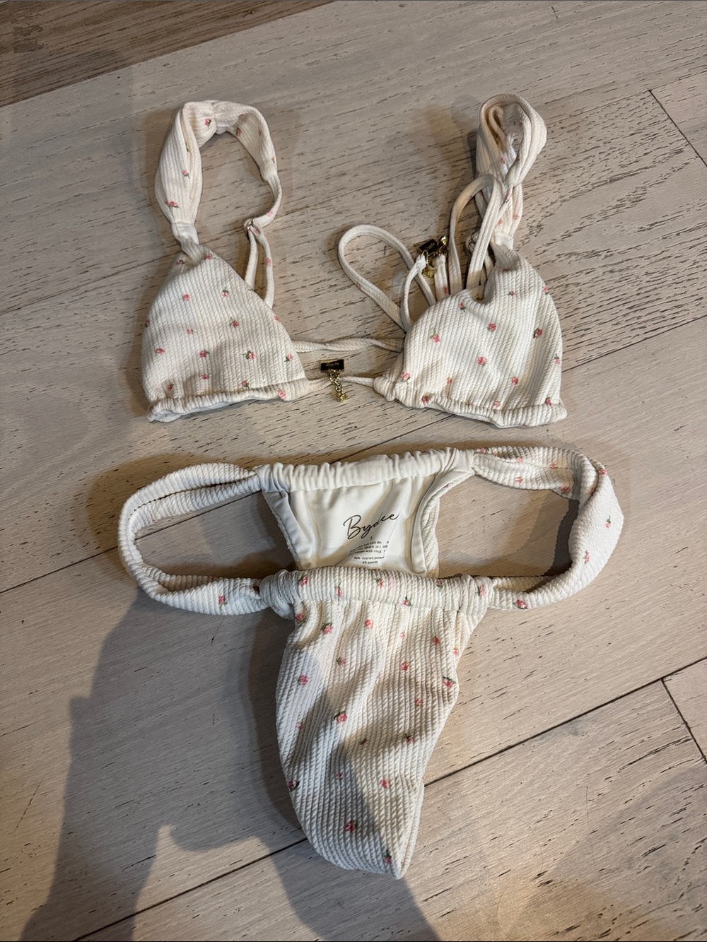 White Textured Floral Triangle Bikini Top & Bottom